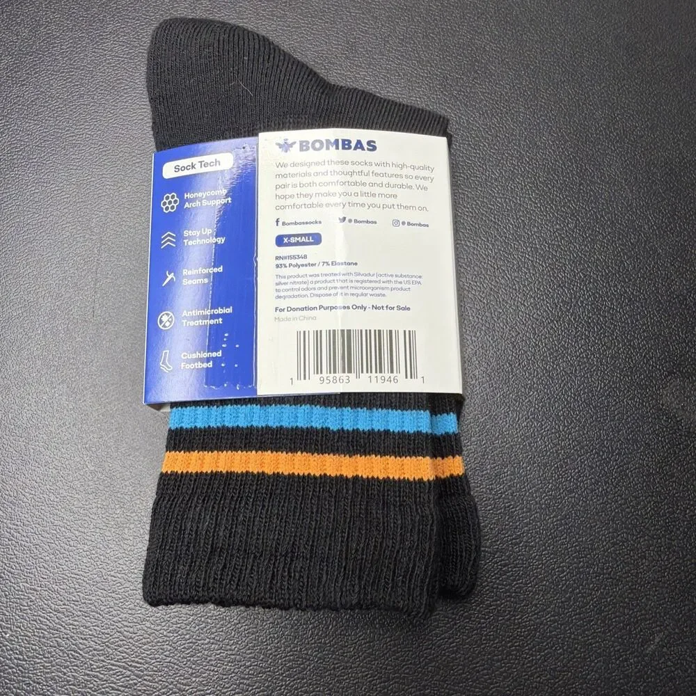 Bombas Youth XS Half Calf Socks in Black With orange And Blue Stripe